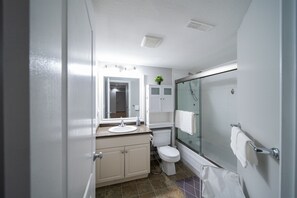 Hair dryer, towels, soap, shampoo