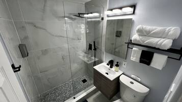 Shower, hair dryer, towels, soap