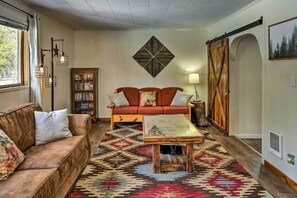 TV, fireplace, video library