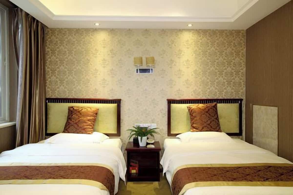 Habitación de hotel con dos camas, una mesita de noche con una planta y un aire acondicionado de pared.
