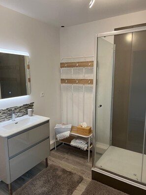 Shower, hair dryer, towels, soap
