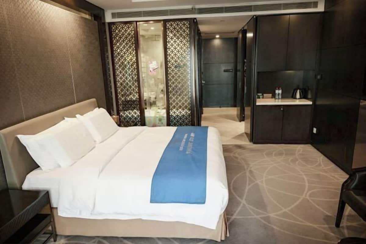 A hotel room with a bed, a desk, a wardrobe, and a bathroom.