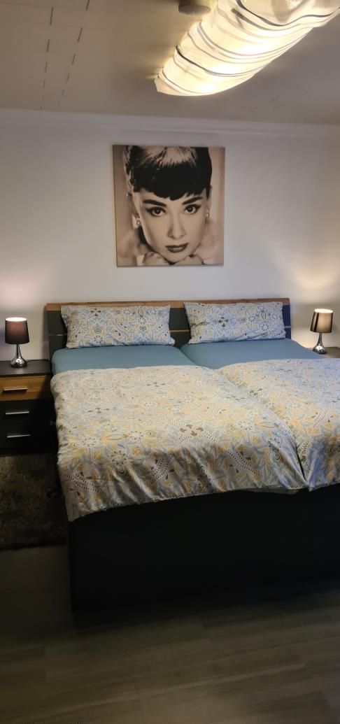 Une chambre à coucher avec un lit, deux lampes de chevet, un luminaire fixé au mur et un tableau encadré au-dessus du lit.
