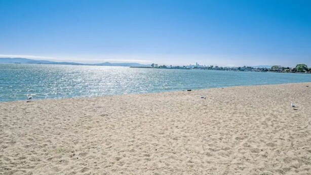 Una playa con vista despejada al océano y un horizonte urbano distante.