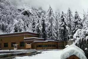 Un edificio con techo plano y suelo cubierto de nieve, rodeado de árboles cargados de nieve.