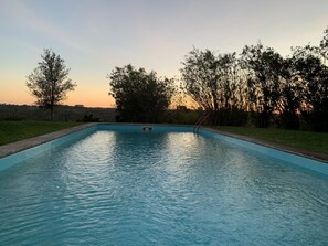 A rectangular swimming pool with a diving board, surrounded by trees and a grassy area.