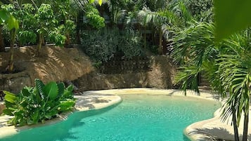Una piscina cristalina rodeada de exuberante vegetación y una estructura con techo de paja.