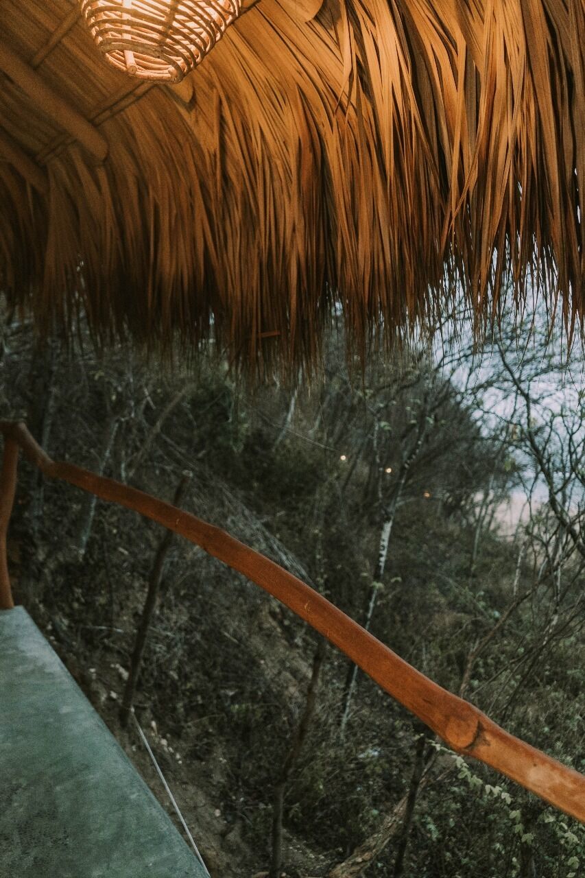 A thatched roof structure with a wooden beam extending from the side.