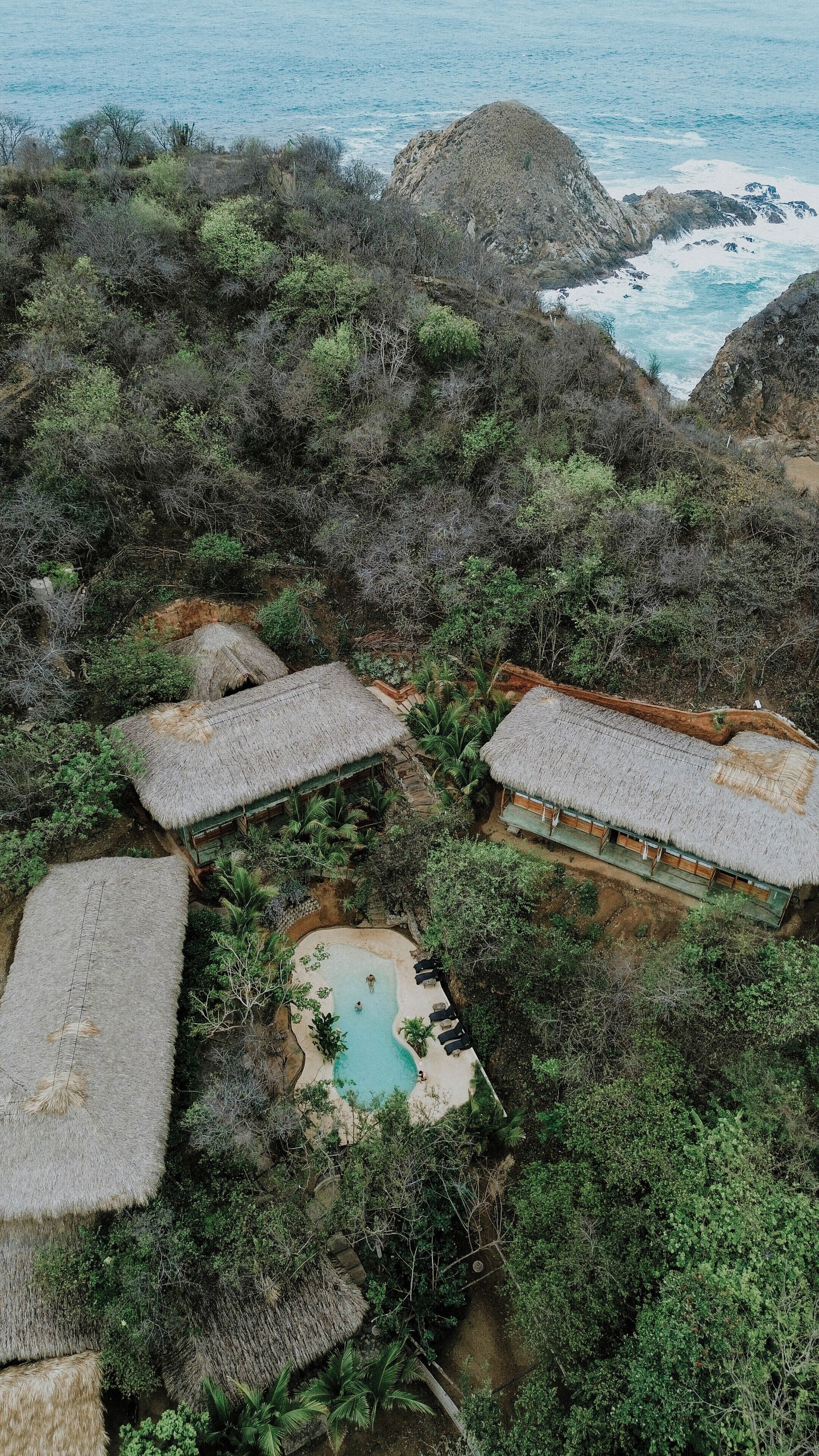 A thatched-roof bungalow with a swimming pool surrounded by dense vegetation and rocky terrain.