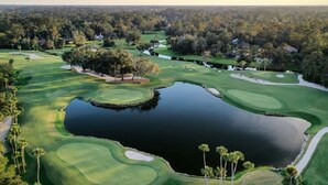 A golf course with a pond, sand bunkers, and trees.