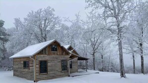 A wooden cabin with a snow-covered roof, surrounded by trees in a snowy landscape. - Minutes from Baum Stadium with a View! (Fayetteville)