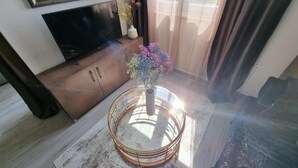 Un salon avec une table basse ronde, un téléviseur à écran plat et une plante en pot.