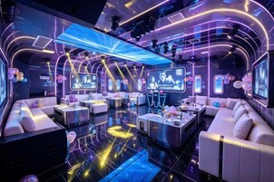 Un área de lounge moderna con asientos, barra y pantallas de entretenimiento.