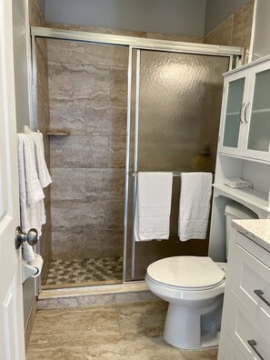 Hair dryer, towels, toilet paper