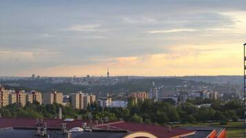 A cityscape with a prominent tower in the distance, surrounded by various buildings and greenery.