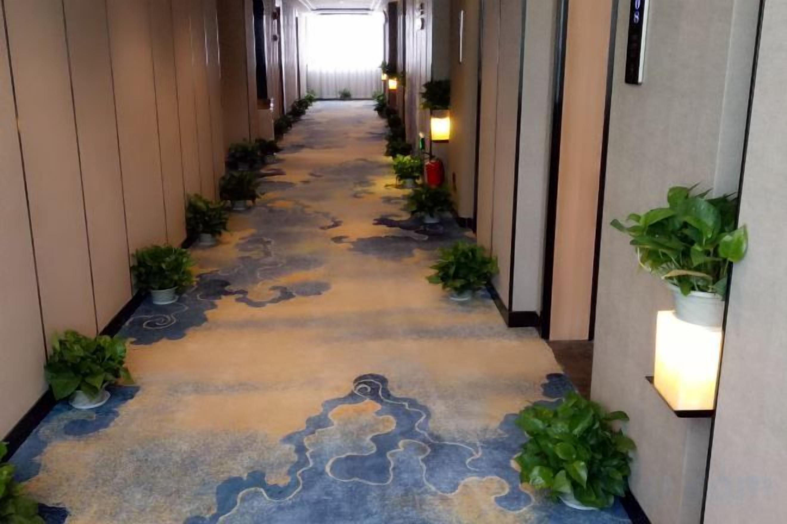 A hallway with a patterned carpet, potted plants, and wall-mounted lights.