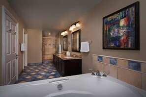 Jetted bath, hair dryer, bidet, towels