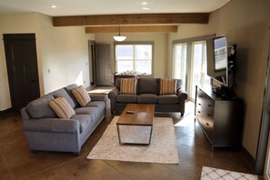 TV, fireplace, foosball