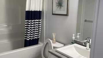 Hair dryer, towels, soap, shampoo