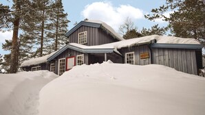 Une cabane en bois avec une porte rouge et une plaque portant le numéro « 173 », entourée de neige et d’arbres.