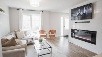 Televisión, chimenea, videojuegos