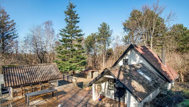 A cabin with a wooden deck, a small shed, and a large evergreen tree nearby. - 2 bedroom awesome home in Sejerø (Sejerø)