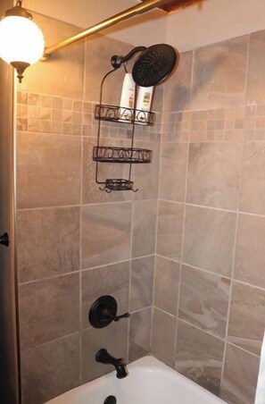 Hair dryer, towels, soap, shampoo
