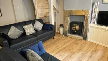 Smart TV, fireplace, DVD player, books