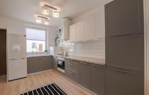 Fridge, stovetop, dishwasher, cookware/dishes/utensils