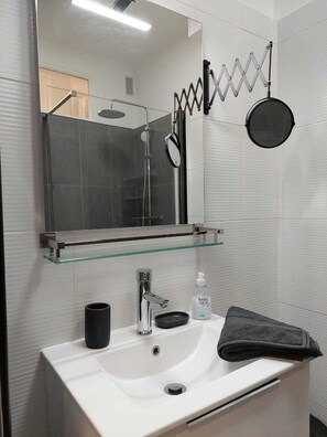 Shower, hair dryer, towels