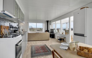 Fridge, stovetop, dishwasher, coffee/tea maker