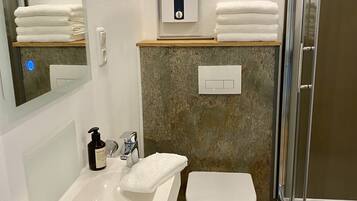 Shower, hair dryer, towels