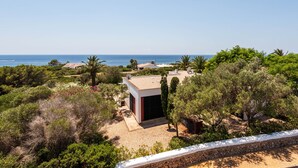 Une maison moderne dotée d’un grand patio ouvert, entourée d’une végétation luxuriante et offrant une vue sur la côte.