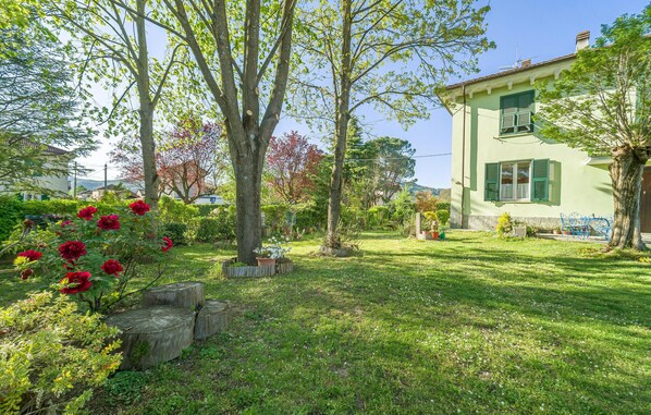 Un jardín con una casa, árboles y césped.