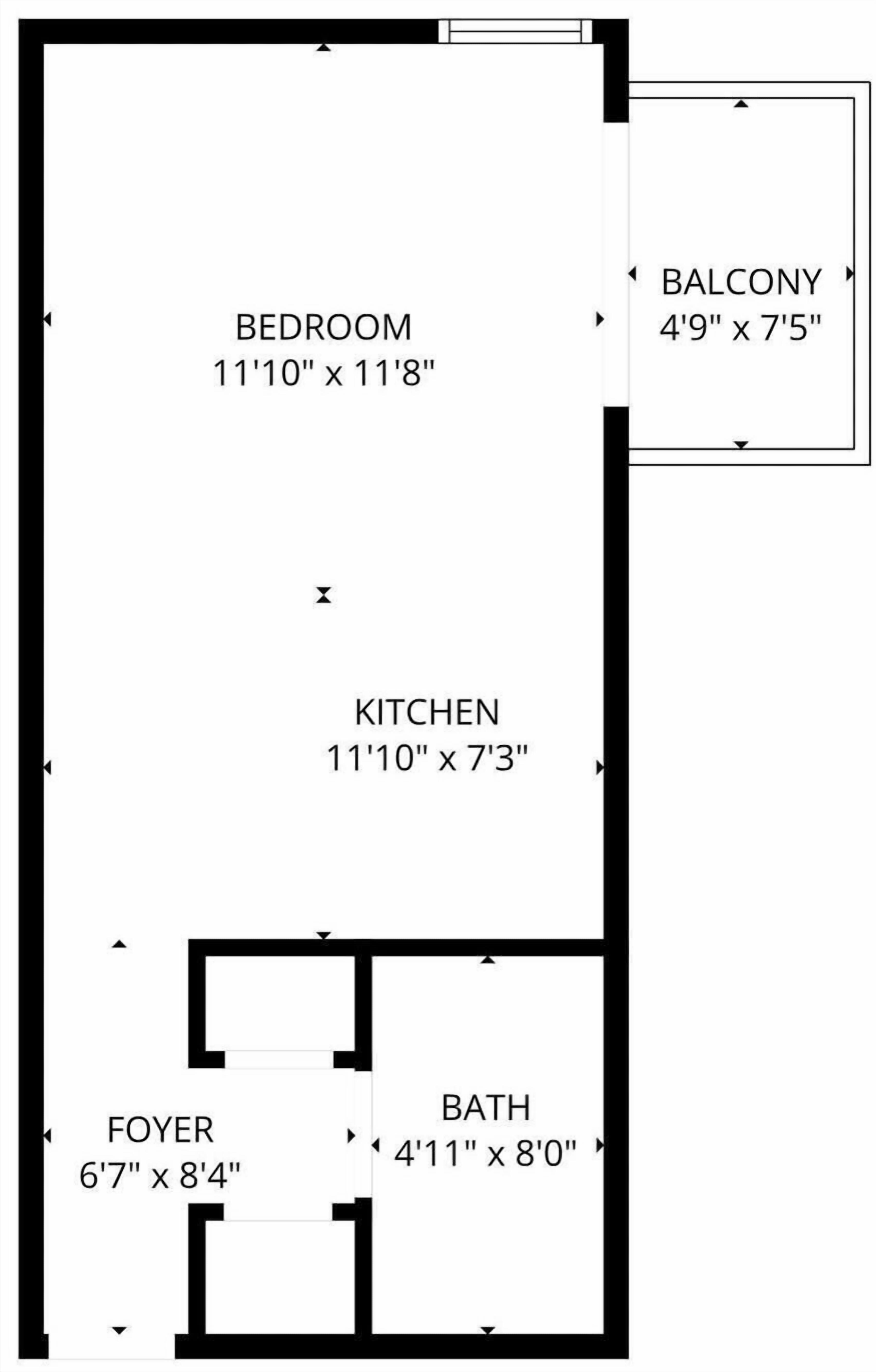 Plantegning der viser et soveværelse (3,6 x 3,5 meter), køkken (3,6 x 2,2 meter), entre (2,0 x 2,5 meter), badeværelse (1,4 x 2,4 meter) og balkon (1,2 x 2,3 meter).