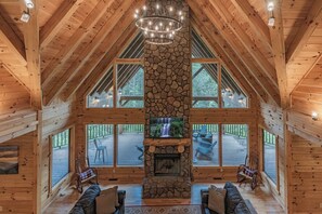 Smart TV, chimenea, reproductor de DVD y libros 