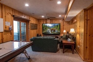 TV, fireplace, DVD player, table football - Black Bear Hideaway: Luxury Lodge in Hocking Hills (Rockbridge)
