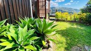 A wooden building with a door open, a balcony, and a garden with plants and a view of mountains. - Surf Break On Bruxner - Korora (Pet Friendly) (Korora)