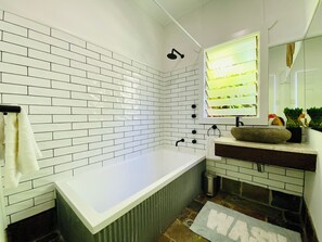 Hair dryer, towels, soap, shampoo