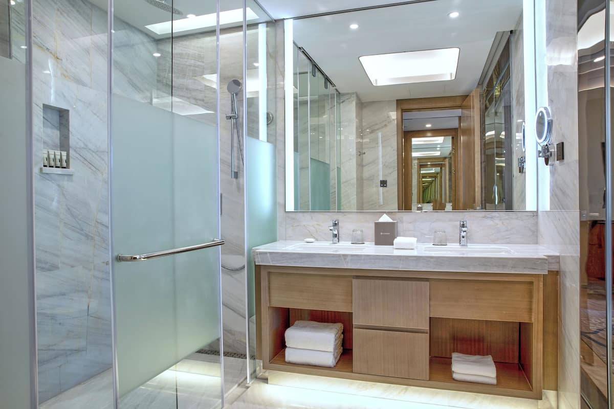 Combined shower/bathtub, rainfall showerhead, hair dryer, bathrobes