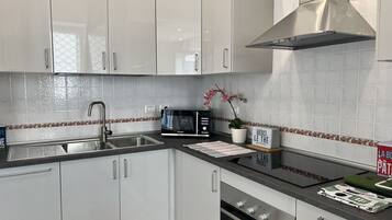 Frigorífico, microondas, horno y placa de cocina