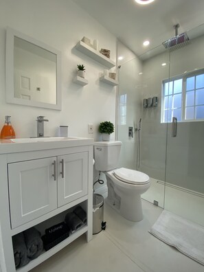 Douche, sèche-cheveux, serviettes fournies, savon