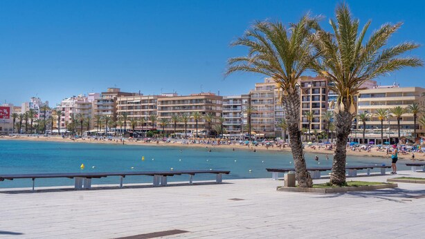 A beachside promenade with palm trees, a sandy beach, and a row of multi-story buildings in the background. - 2 bedroom amazing apartment in Torrevieja (Torrevieja)