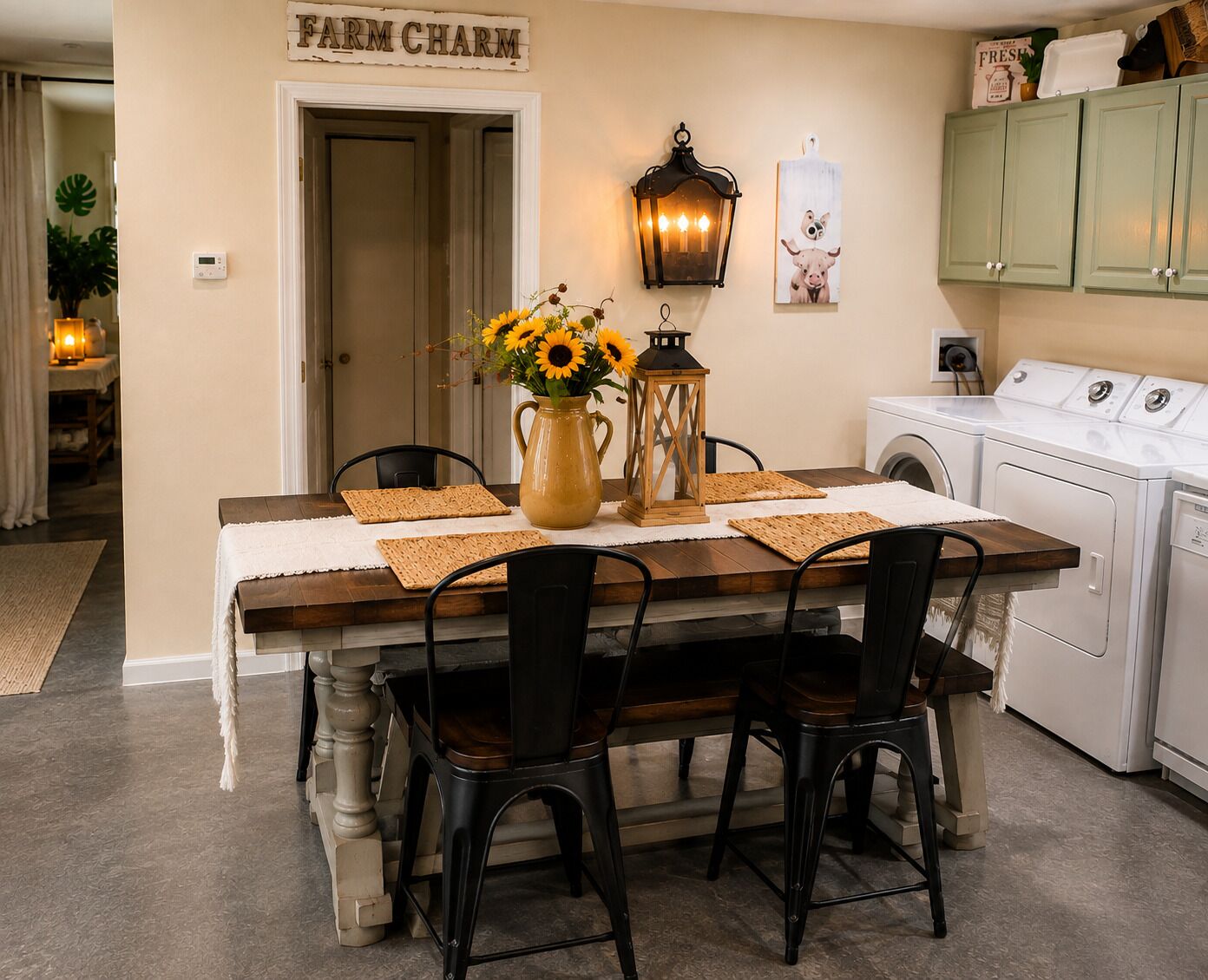 Een eetruimte met een houten tafel, zwarte stoelen, een vaas met bloemen, een wandlamp en een keuken met een wasmachine.