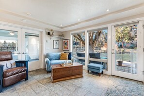 TV, fireplace, books