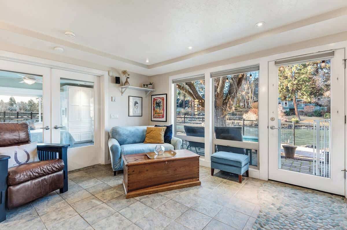 TV, fireplace, books