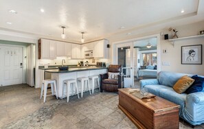 TV, fireplace, books