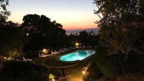 Ein Swimmingpool, umgeben von Liegestühlen und Beleuchtung, eingebettet in eine angelegte Grünfläche mit Bäumen.