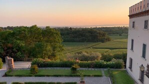 Eine Weinlandschaft mit einem Gebäude, das mehrere Fenster und eine Steinmauer aufweist.