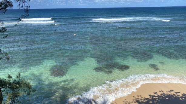 Une plage avec une eau claire, des vagues et un rivage sablonneux.